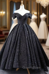 Black Ball Gown Sequins Off the Shoulder Evening Prom Dress