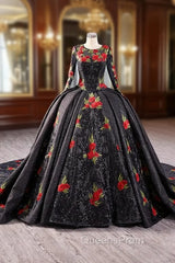 Black Ball Gown Long Sleeve Flower Evening Prom Dress