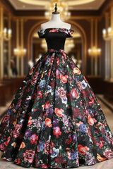 Black Ball Gown Satin Print Off the Shoulder Quinceanera Dress