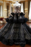 Black Ball Gown Tulle Gold Sequins Sweetheart Evening Prom Dress