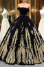 Black Ball Gown Velvet Gold Appliques Backless Long Haute Couture Evening Prom Dress