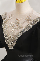 Black Ball Gown with Beaded, Black Short Sleeve Evening Dress