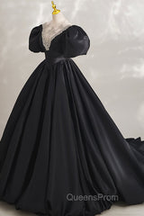 Black Ball Gown with Beaded, Black Short Sleeve Evening Dress
