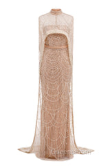 Black Beading Evening Prom Dress Sweep Train High Neck Zipper Sleeveless Evening Dress