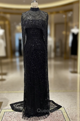 Black Beading Evening Prom Dress Sweep Train High Neck Zipper Sleeveless Evening Dress