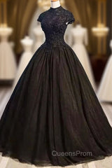 Black Cap Sleeves Long Tulle Party Dress, Black Evening Prom Dress