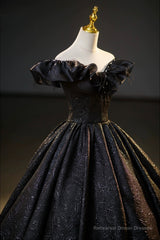 Black Floor Length V-neck Off the Shoulder Formal Dress, Black A-Line Evening Dress