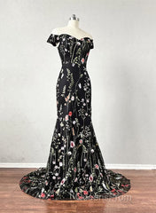 Black Floral Lace Mermaid Off Shoulder Long Party Dress, Black Evening Dress Evening Prom Dress