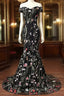 Black Floral Lace Mermaid Off Shoulder Long Party Dress, Black Evening Dress Evening Prom Dress