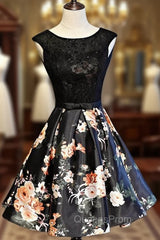 Black Floral Satin and Lace Round Neckline Short Party Dress Evening Prom Dress, Black Homecoming Dress