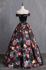 Black Floral Satin Off Shoulder Strapless Long Formal Evening Prom Dress, Evening Dress