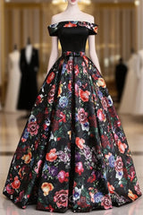 Black Floral Satin Off Shoulder Strapless Long Formal Evening Prom Dress, Evening Dress