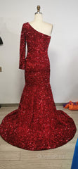 Black Girl Evening Prom Dress One Shoulder Mermaid Red Evening Prom Dress | Cheap Sequins Evening Gowns