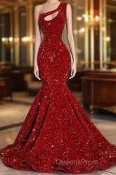 Black Girl Evening Prom Dress One Shoulder Mermaid Red Evening Prom Dress | Cheap Sequins Evening Gowns
