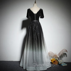 Black Gradient tulle and Velvet Short Sleeves V-neckline Tulle Party Dress, Black Tulle Evening Prom Dress