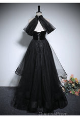 Black Haler Tulle And Velvet Long Evening Prom Dress, Black A-Line Tulle Evening Dress