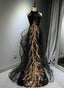 Black Halter A-Line Tulle And Sequins Classy Evening Dress, Black Long Classy Prom Dress Party Dress