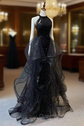 Black Halter Shiny Tulle Long Evening Prom Dress, Black Tulle Evening Dress with Sequins
