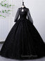 Black High Neckline Long Sleeves Tulle Sweet 16 Dress, Black Ball Gown Evening Dress