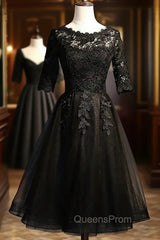 Black Lace and Tulle Short Sleeves Party Dress Evening Dress, Black Homecoming Dress