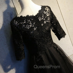 Black Lace and Tulle Short Sleeves Party Dress Evening Dress, Black Homecoming Dress