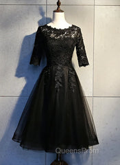 Black Lace and Tulle Short Sleeves Party Dress Evening Dress, Black Homecoming Dress