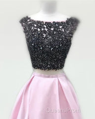 Black Lace Beaded Two Piece Satin Evening Prom Dress