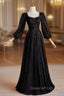 Black Lace Long Sleeve Square Neck Pearls Evening Prom Dress