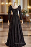 Black Lace Long Sleeve Square Evening Prom Dress