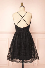 Black Lace Straps A-Line Short Party Dress Lace Homecoming Dress