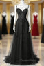 Black Lace Straps Beaded A-line Evening Prom Dress Party Dress, Black Floor Length Evening Dress