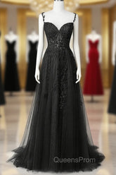 Black Lace Straps Beaded A-line Evening Prom Dress Party Dress, Black Floor Length Evening Dress
