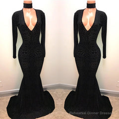 Black Lace V-Neck Prom Party Gowns| Mermaid Long-Sleeve Evening Gowns
