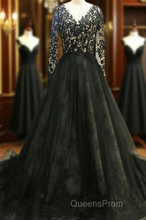Black Long A-Line V Neck Lace Tulle Wedding Dress with Sleeves