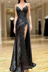 Black Long Appliques Evening Prom Dress With Spaghetti Straps