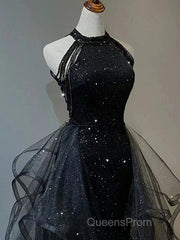 Black Long Mermaid Halter Sequined Tulle Formal Evening Prom Dress