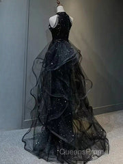 Black Long Mermaid Halter Sequined Tulle Formal Evening Prom Dress