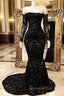Black Long Mermaid Off the shoulder Evening Prom Dress with Sleeves