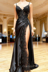 Black Long Satin with Lace Straps Long Party Dress, Black Evening Dress