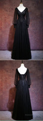 Black Long Sleeves V-neckline Evening Dress, Black Prom Dress