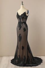 Black Mermaid Lace Straps Evening Dress Party Dress, Black Long Prom Dress