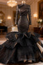Black Mermaid Long Sleeve Pleats Evening Prom Dress