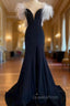 Black Mermaid Off the Shoulder Feather Evening Prom Dress