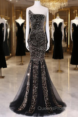 Black Mermaid Sequins Long Evening Prom Dress, Black Evening Dress Party Dress