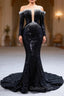 Black Mermaid Sequins Pearls See Through Neck Evening Prom Dress