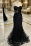 Black Mermaid Spaghetti Straps Flower Evening Prom Dress