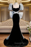 Black Mermaid Square Neck Puff Sleeve Evening Prom Dress