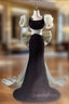 Black Mermaid Square Puff Sleeve Bow Evening Prom Dress