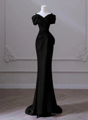 Black Mermaid Sweetheart Off Shoulder Prom Dress, Black Satin Evening Dress