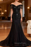 Black Mermaid Tulle Off the Shoulder Beading Evening Prom Dress